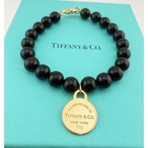 Tiffany & Co. 18k Yellow Gold Onyx Bead 8mm Bracelet Return to Tiffany 7.5"